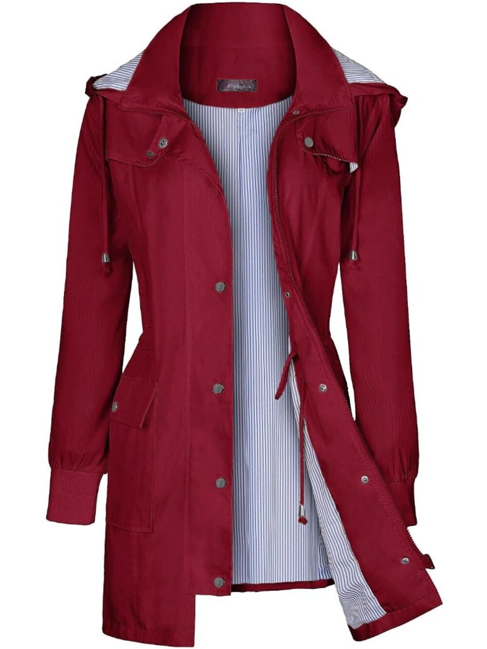 Women's Wine Red Hooded Waterproof Striped Climbing Windbreaker Trench Rain Coat